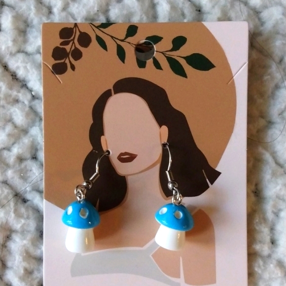 Jewelry - Blue and white mushroom earrings, 1" drop to 1/2" mushroom silvertone, NWOT